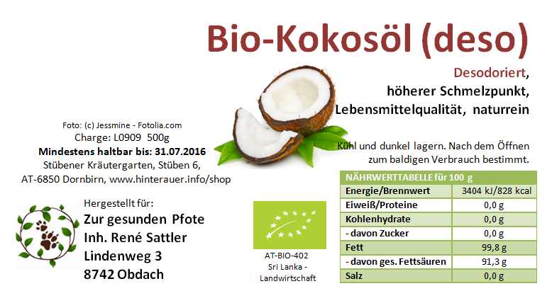 Bio Kokosöl für Katzen - geschmacksneutral - sehr hohe Akzeptanz