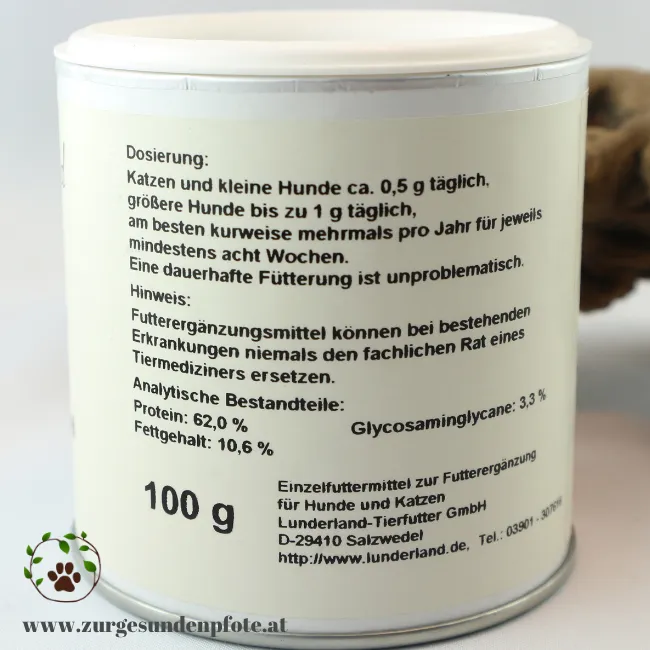 Grünlippmuschelpulver für Hunde Etikett mit Anwendung