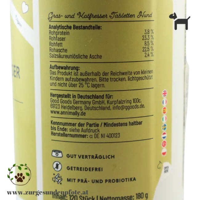 Analytische Bestandteile der natürlichen Tabletten gegen Kotfressen